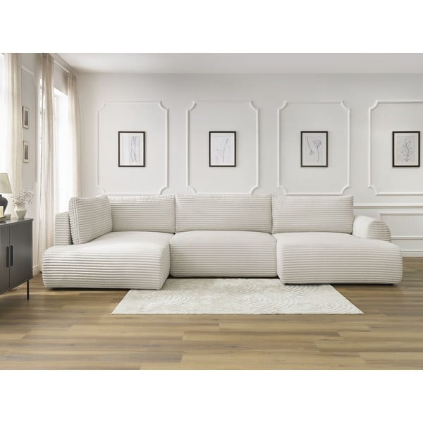 Kreminės spalvos sulankstoma/su sandėliavimo vieta kampinė sofa iš kordinio velveto (su kairiuoju kampu/„U“ formos) Lucien – Bobochic Paris-image-1