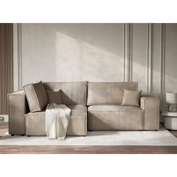 Smėlio spalvos sulankstoma/su sandėliavimo vieta kampinė sofa iš kordinio velveto (su kairiuoju kampu/„L“ formos) Tonga – Maison de Rêve-image-1