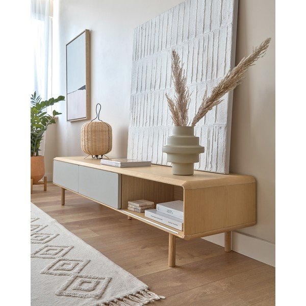 Pilkos spalvos/natūralios spalvos TV spintelė iš uosio 180x41x42 cm Anielle – Kave Home-image-4