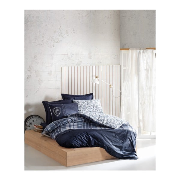 Mėlyna medvilninė patalynė su paklode viengulėlei lovai Erb, 140 x 200 cm