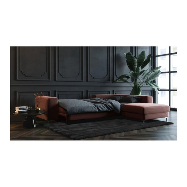 Tamsiai rožinė aksominė kampinė sofa-lova Devichy Rothe, dešinysis kampas-image-4