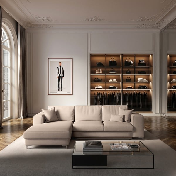 Smėlio spalvos iš velveto sulankstoma/su sandėliavimo vieta kampinė sofa (su kairiuoju kampu/su gultu) Rene – Rodier-image-1