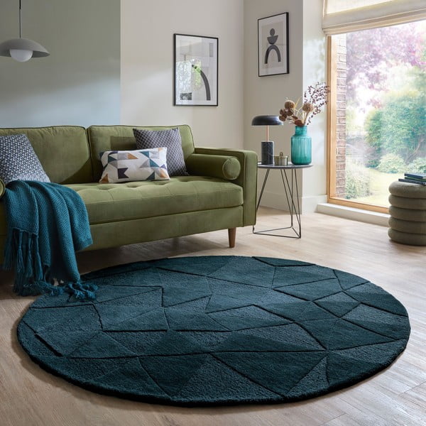 Rankų darbo žalsvai mėlynos spalvos iš vilnos apvalios formos kilimas ø 160 cm Shard Teal – Flair Rugs-image-1