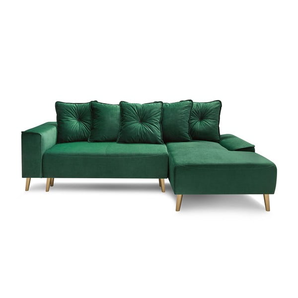Žalio aksomo sofa-lova su auksinėmis kojomis "Bobochic Paris Hera", dešinysis kampas
