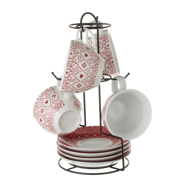 Raudonos ir baltos spalvos 4 porcelianinių arbatos puodelių rinkinys su stovu "Unimasa
