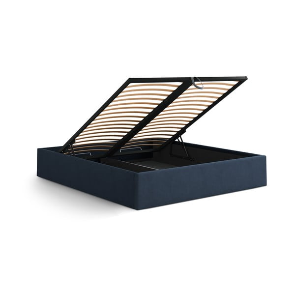 Tamsiai mėlynos spalvos dvigulė lova audiniu dengta su sandėliavimo vieta/be galvūgalio su lovos grotelėmis 140x200 cm Susan – Micadoni -image-3