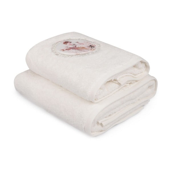 Balto rankšluosčio ir balto vonios rankšluosčio rinkinys su "Mademoiselle" spalvų detalėmis