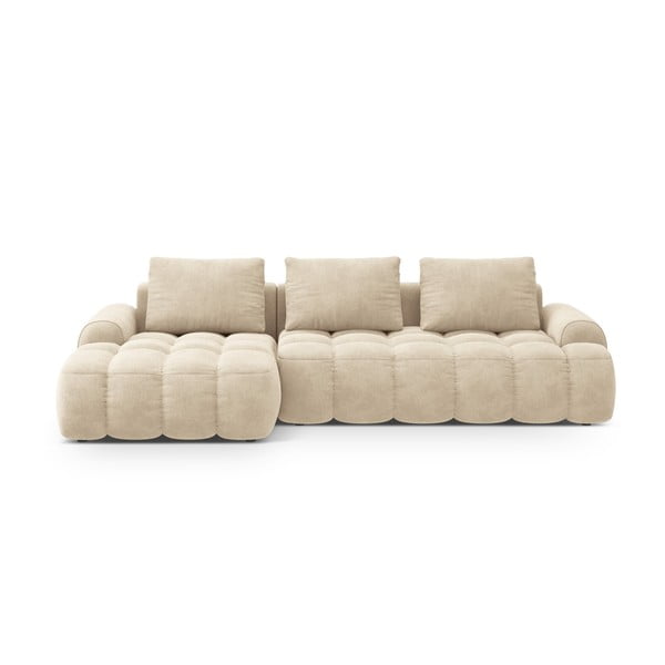 Smėlio spalvos iš velveto sulankstoma/su sandėliavimo vieta kampinė sofa (su kairiuoju kampu/su gultu) Linz – Cosmopolitan Design