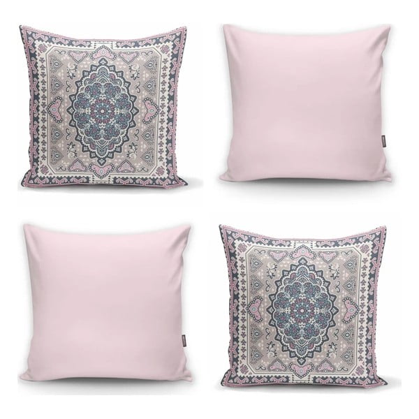 4 dekoratyvinių užvalkalų rinkinys Minimalistiniai pagalvių užvalkalai, rožiniai etniniai, 45 x 45 cm