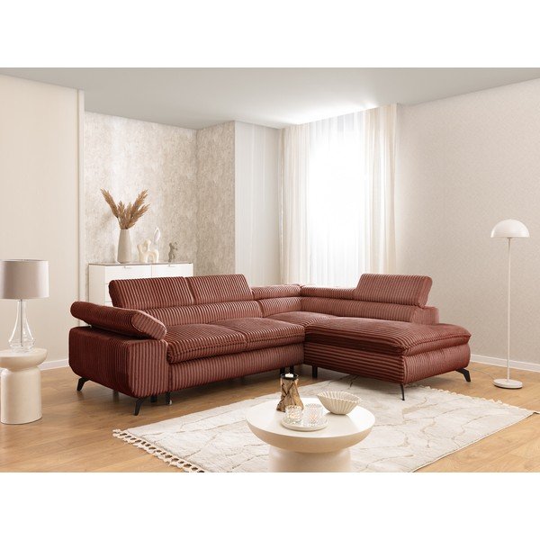 Terakotos spalvos kampinė sofa iš kordinio velveto (su dešiniuoju kampu/„L“ formos) Marbeya  – Ropez-image-1