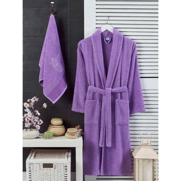 Violetinės spalvos iš medvilnės chalatų ir rankšluosčių komplektas S/M – Mila Home