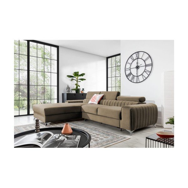 Šviesiai rudos spalvos iš velveto sulankstoma/su sandėliavimo vieta kampinė sofa (su kairiuoju kampu/su gultu) Grayson – ELTAP-image-1