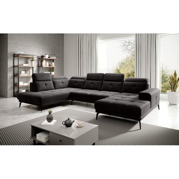 Juodos spalvos iš velveto kampinė sofa (su kairiuoju kampu/„U“ formos) Bretan – ELTAP-image-1