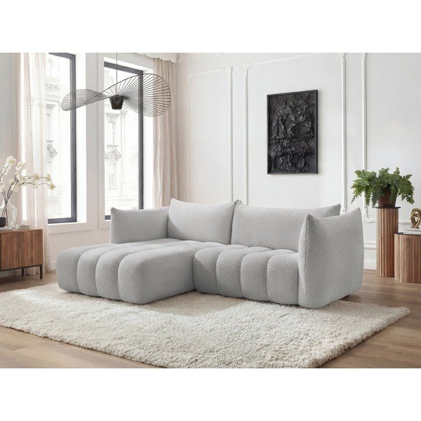 Šviesiai pilkos spalvos kampinė sofa iš boucle (su kairiuoju kampu/su gultu) Azra – Bobochic Paris-image-1