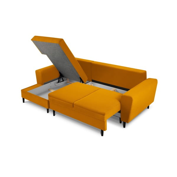 Garstyčių spalvos iš kordinio velveto sulankstoma/su sandėliavimo vieta kampinė sofa (su kairiuoju kampu/su gultu) Kyoto – Cosmopolitan Design-image-3