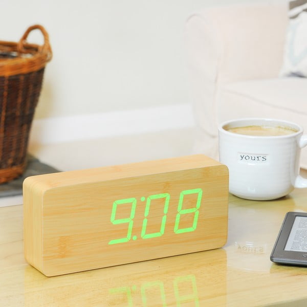 Šviesiai rudas žadintuvas su žaliu LED ekranu Gingko Slab Click Clock-image-1