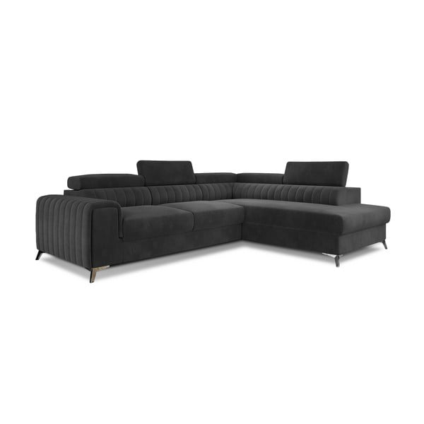 Tamsiai pilkos spalvos iš velveto sulankstoma/su sandėliavimo vieta kampinė sofa (su dešiniuoju kampu/„L“ formos) Laurence – ELTAP