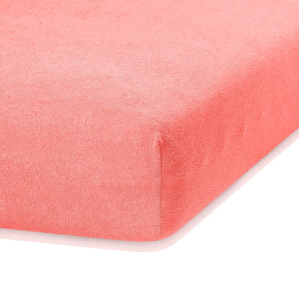 Koralinės rožinės spalvos elastinga paklodė su dideliu medvilnės kiekiu AmeliaHome Ruby, 100/120 x 200 cm