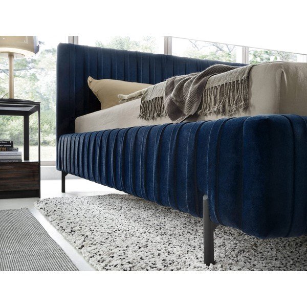 Tamsiai mėlynos spalvos dvigulė lova dengta audiniu su sandėliavimo vieta su lovos grotelėmis 180x200 cm Plissa – ELTAP-image-4