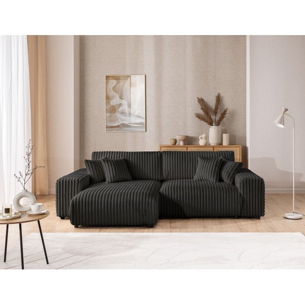 Tamsiai pilkos spalvos iš kordinio velveto sulankstoma/su sandėliavimo vieta kampinė sofa (su kairiuoju kampu) Sarina – Ropez-image-1