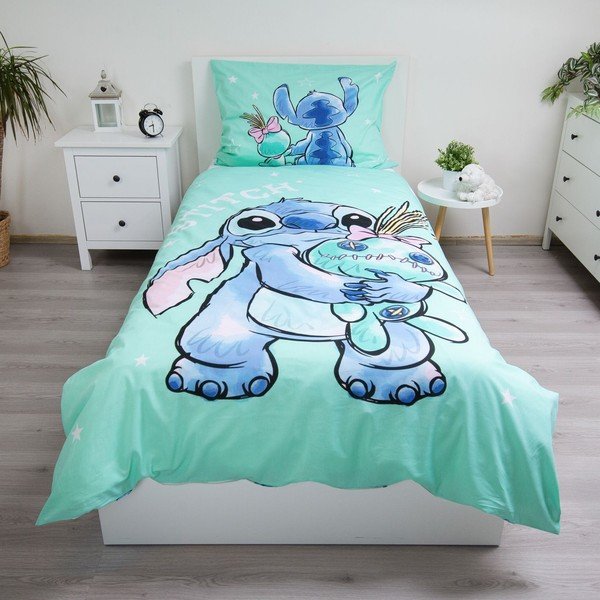 Mėtų spalvos iš medvilnės viengulė vaikiška patalynė 140x200 cm Lilo & Stitch "Buddies" – Jerry Fabrics-image-1