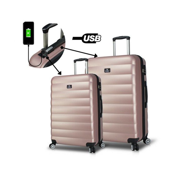 2 rožinės spalvos kelioninių dėklų ant ratukų su USB jungtimis rinkinys My Valice RESSNO Large & Medium-image-1