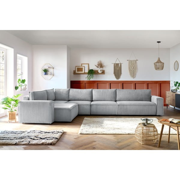 Kampinė sofa šviesiai pilkos spalvos iš kordinio velveto (su kairiuoju kampu) Nihad modular – Bobochic Paris-image-1