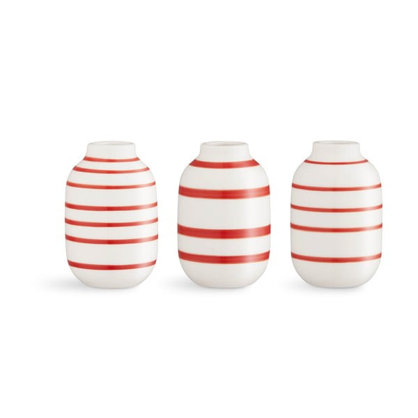 3 baltai ir raudonai dryžuotų porcelianinių vazų rinkinys Kähler Design Omaggio