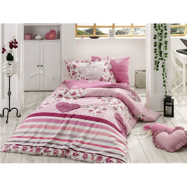 Rožinės spalvos medvilninio poplino patalynė su paklode viengulėlei lovai "Bella", 160 x 220 cm