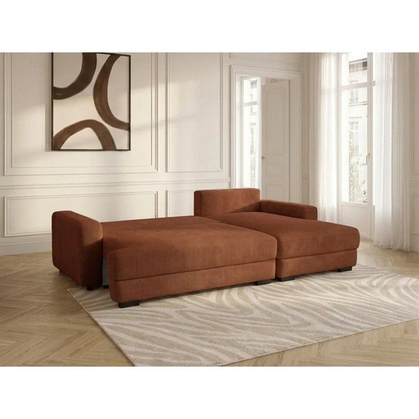 Oranžinės spalvos sulankstoma/su sandėliavimo vieta kampinė sofa iš kordinio velveto (su dešiniuoju kampu/su gultu) Campi – Bobochic Paris-image-3