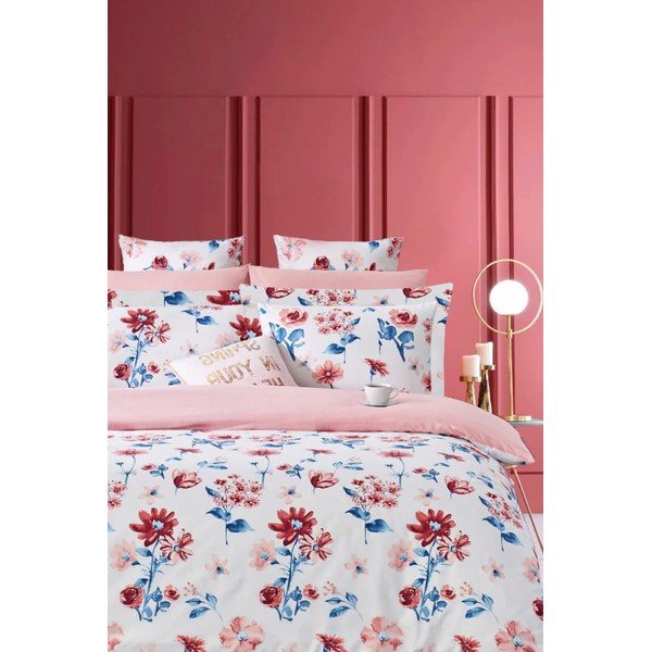 Iš ranforce medvilnės dvigulė/itin ilga patalynė baltos spalvos/rožinės spalvos su paklode/4 dalių 200x220 cm – Mila Home