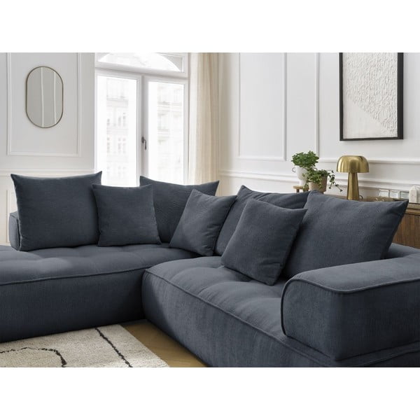 Tamsiai mėlynos spalvos iš šenilinio audinio kampinė sofa (su kairiuoju kampu/„L“ formos) Whesley – Bobochic Paris-image-4