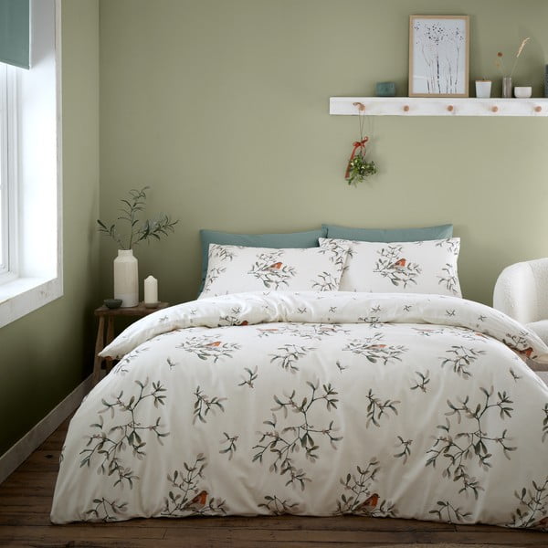 Iš flanelės dvigulė patalynė kreminės spalvos 200x200 cm Mistletoe Robins – Catherine Lansfield