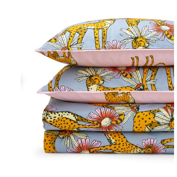 Rožinės spalvos/pilkos spalvos iš medvilnės dvigulė/itin ilga patalynė 230x220 cm Untamed Cheetah – Their Nibs