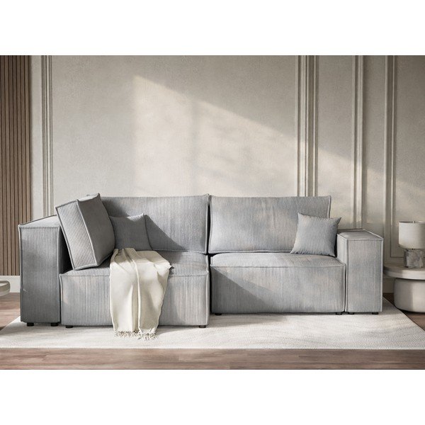 Pilkos spalvos sulankstoma/su sandėliavimo vieta kampinė sofa iš kordinio velveto (su kairiuoju kampu/„L“ formos) Tonga – Maison de Rêve-image-1