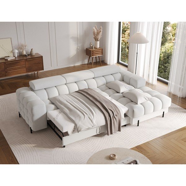 Pilkos spalvos kampinė sofa iš boucle (su dešiniuoju kampu/su gultu) Felro – ELTAP-image-3