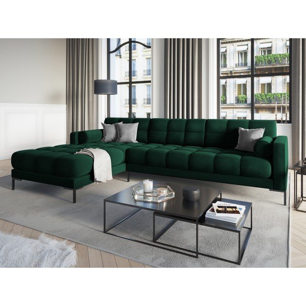 Tamsiai žalia aksominė kampinė sofa Cosmopolitan Design Bali, kairysis kampas-image-1