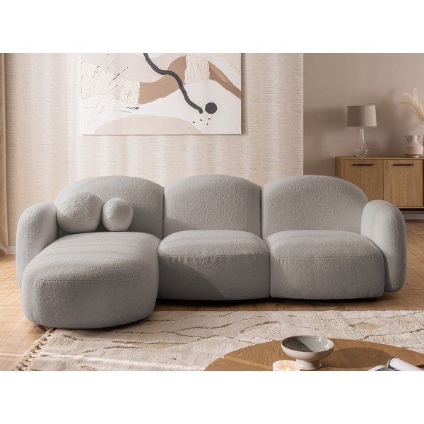 Pilkos spalvos kampinė sofa iš boucle (su kairiuoju kampu/su gultu) Orbit – Ropez-image-1