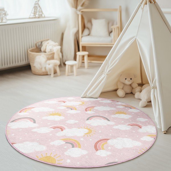 Skalbiamas rožinės spalvos vaikiškas kilimas ø150 cm Rainbow World – Mila Home-image-1