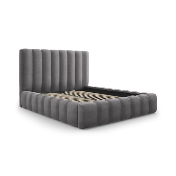 Pilka minkšta dvigulė lova su daiktadėže ir tinkleliu 200x200 cm Kelp - Micadoni Home