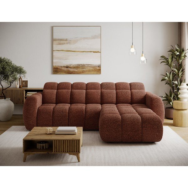 Raudonos spalvos kampinė sofa iš boucle (su dešiniuoju kampu/su gultu) Fanito – ELTAP-image-1