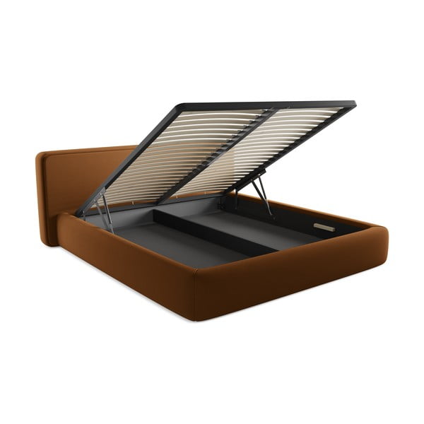 Terakotos spalvos dvigulė lova audiniu dengta su sandėliavimo vieta su lovos grotelėmis 180x200 cm Kiana – Makamii-image-3