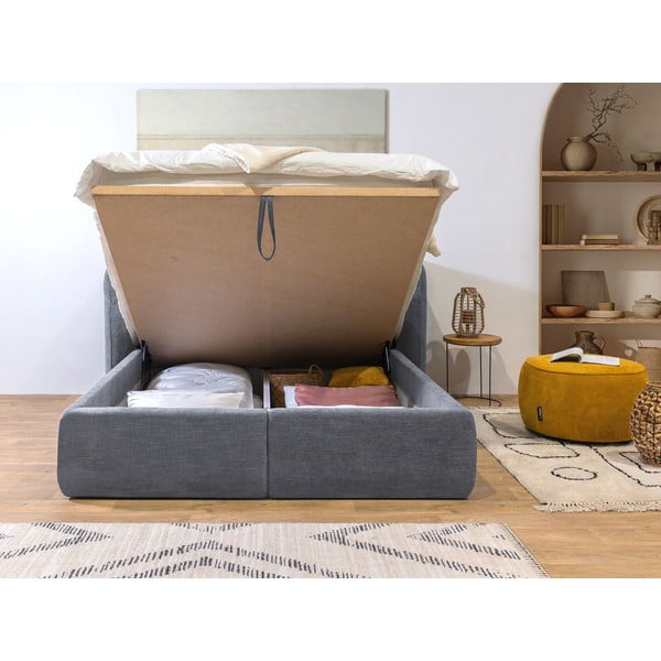 Šviesiai pilka minkšta dvigulė lova su laikymo vieta ir grotelėmis 160x200 cm Louise - Bobochic Paris-image-4