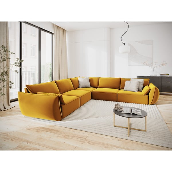 Garstyčių spalvos iš velveto kampinė sofa Vanda – Mazzini Sofas-image-1
