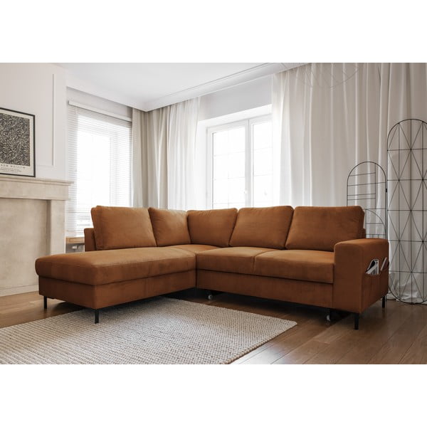 Iš kordinio velveto sulankstoma kampinė sofa oranžinės spalvos/rudos spalvos (su kairiuoju kampu) Lofty Lilly – Miuform-image-3