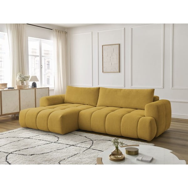 Garstyčių spalvos sulankstoma/su sandėliavimo vieta kampinė sofa (su kairiuoju kampu/su gultu) Fuji – Bobochic Paris-image-1