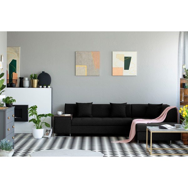 Juoda kampinė sofa-lova su sidabrinėmis kojelėmis "Cosmopolitan Design Orlando", dešinysis kampas-image-1