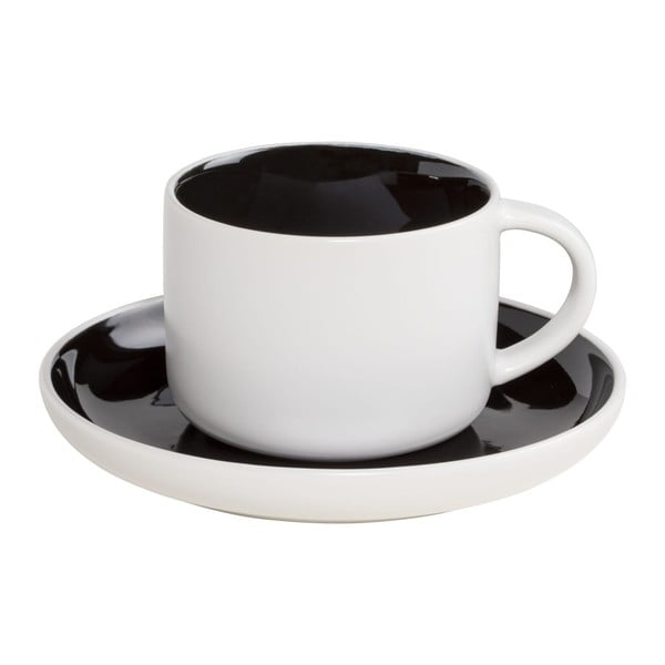 Baltas porcelianinis puodelis ir lėkštutė su juodu vidumi Maxwell & Williams Tint, 240 ml