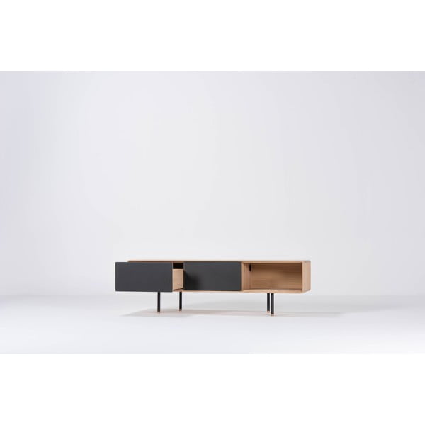 Iš ąžuolo masyvo TV spintelė juodos spalvos/natūralios spalvos 160x48 cm Fina – Gazzda-image-1