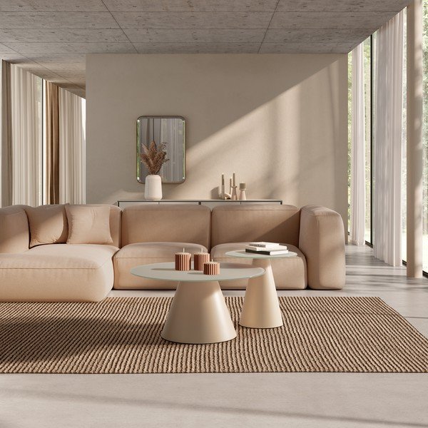 Kreminės spalvos apvalios formos kavos staliukai 2 vnt. su stikliniu stalviršiu ø 80 cm Vida – MOME-image-1